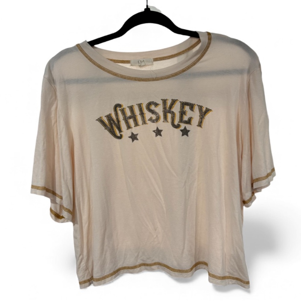 Q&A Whiskey Graphic T-Shirt Small Cream Western Boho Boxy Crop Contrast Stitch